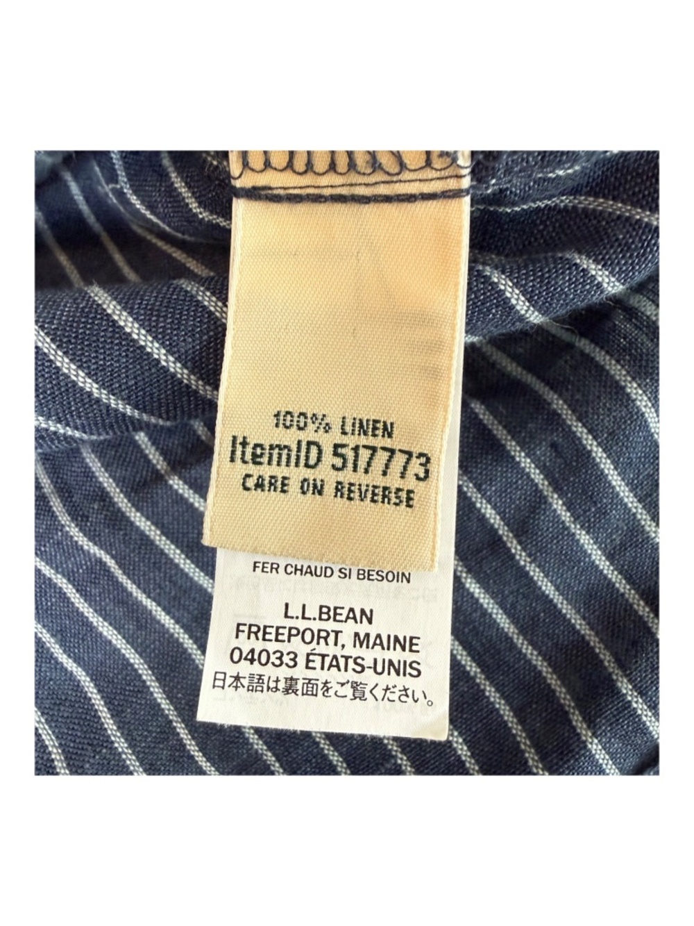 LL Bean 100% Linen Shirt Womens Large Reg Navy Blue Stripe Lagenlook Top 517773 - Picture 5 of 8
